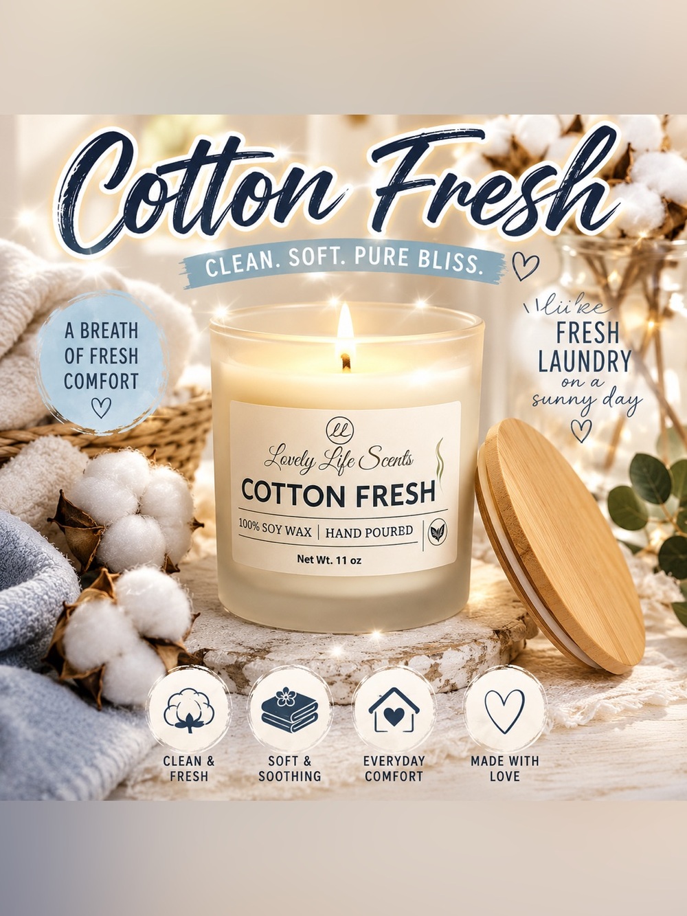 Cotton Fresh 11oz Premium Soy Wax Candle from Lovely Life Scents